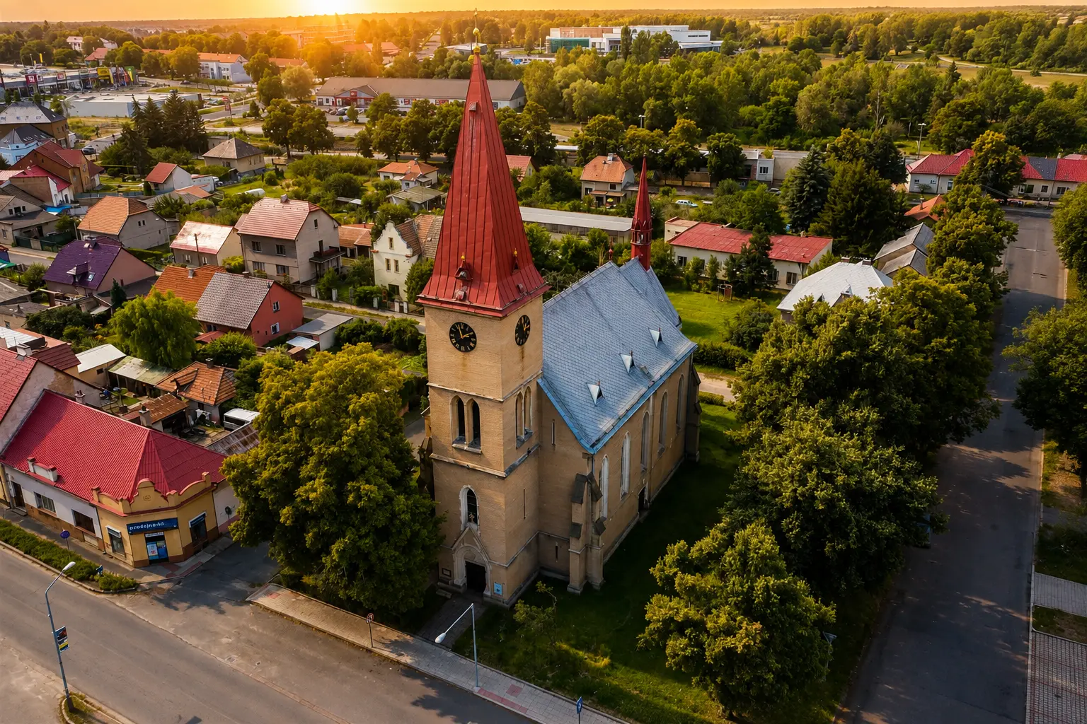 Kostel v Milovicích při západu slunce